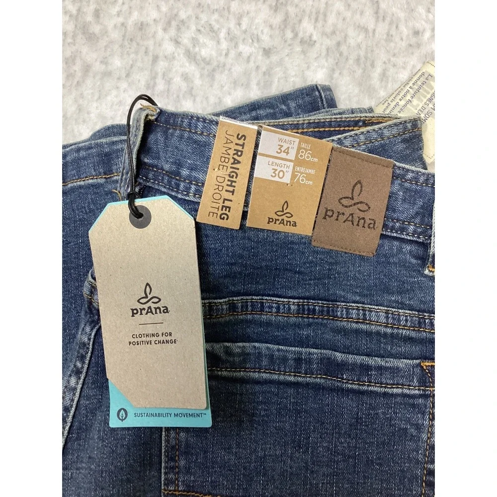 Prana Axiom Jean Mens34x30 Antique Stone Wash Straight Leg Organic Cotton Denim